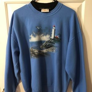Morning Sun Lighthouse Beach Graphic Vintage Double Layered Crewneck